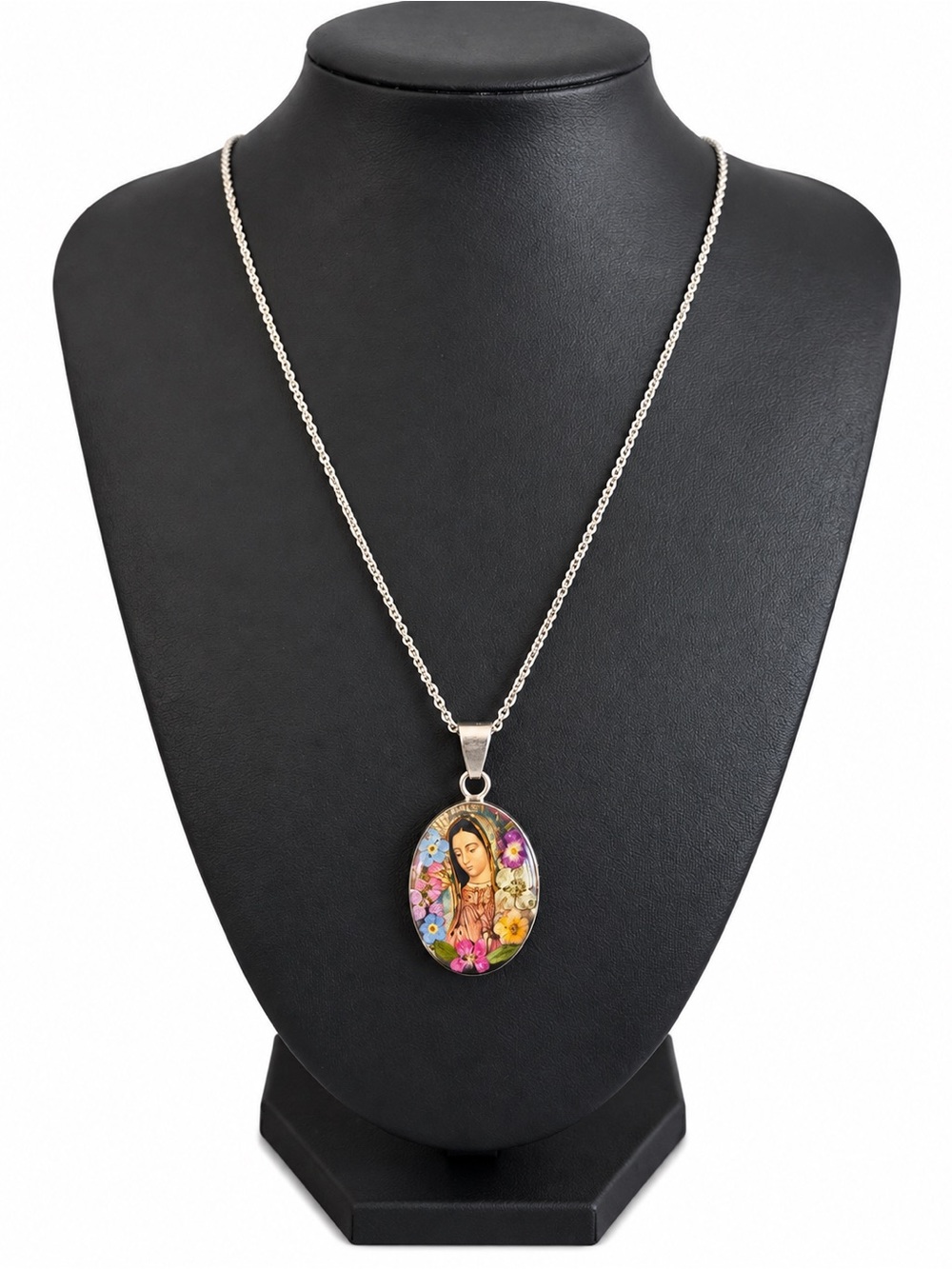 Small Floral Oval Medal Pendant Necklace in Multicolor Made in Mexico 925